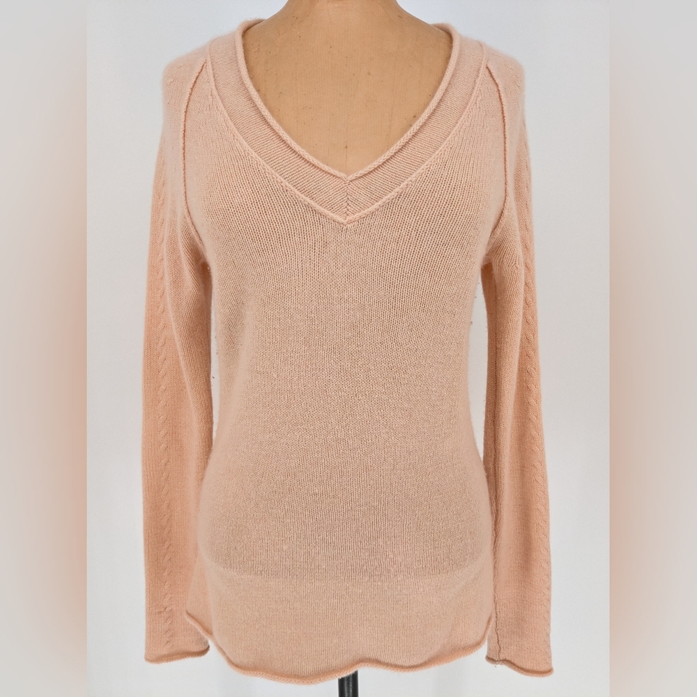 Calypso St. Barth 100% Cashmere Sweater Peach V-Neck Cable-Knit Sleeves Size S - Picture 7 of 15